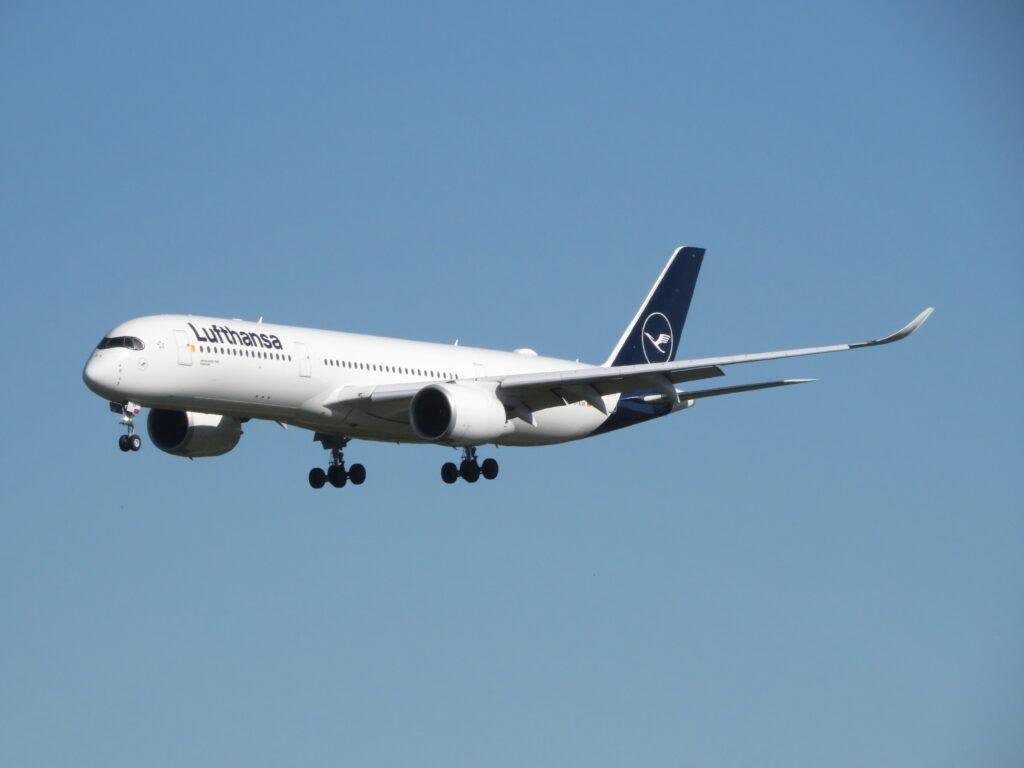 Lufthansa Airbus A350-900 aircraft registration D-AIXK at Munich Airport in 2019.