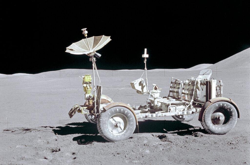 NASA Apollo 15 Lunar Roving Vehicle parked on the Moon at Hadley-Apennine in August 1971.