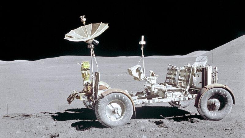NASA Apollo 15 Lunar Roving Vehicle parked on the Moon at Hadley-Apennine in August 1971.