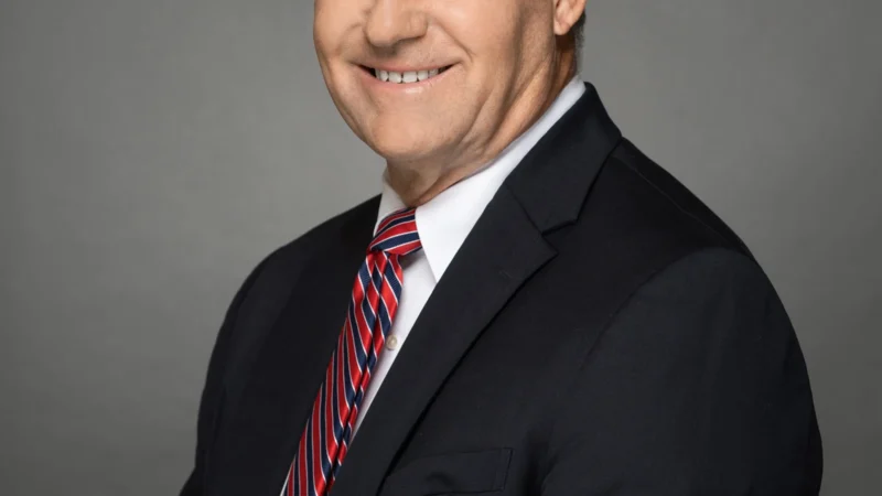 NASA Marshall Director Stephen Cash pictured in a dark business suit and red-and-blue striped tie against a gray background.
