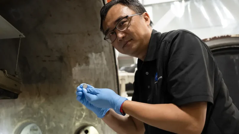 NASA SPEARS batteries researcher Yi Lin holds a prototype solid-state coin-cell battery at NASA Langley