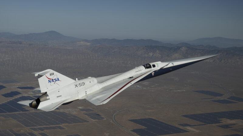 NASA X-59 Maintenance illustrated by the X-59 quiet supersonic research aircraft flying above the California desert and mountains.