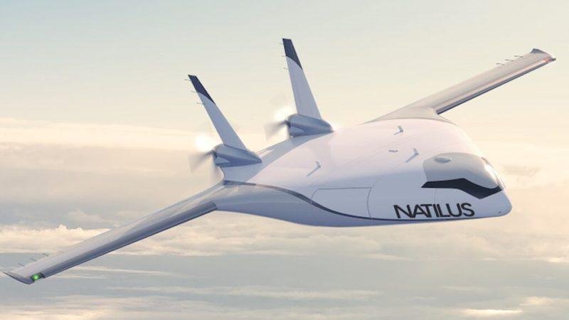 Artist's rendering of the Natilus KONA blended-wing-body cargo aircraft being developed for commercial and military logistics.