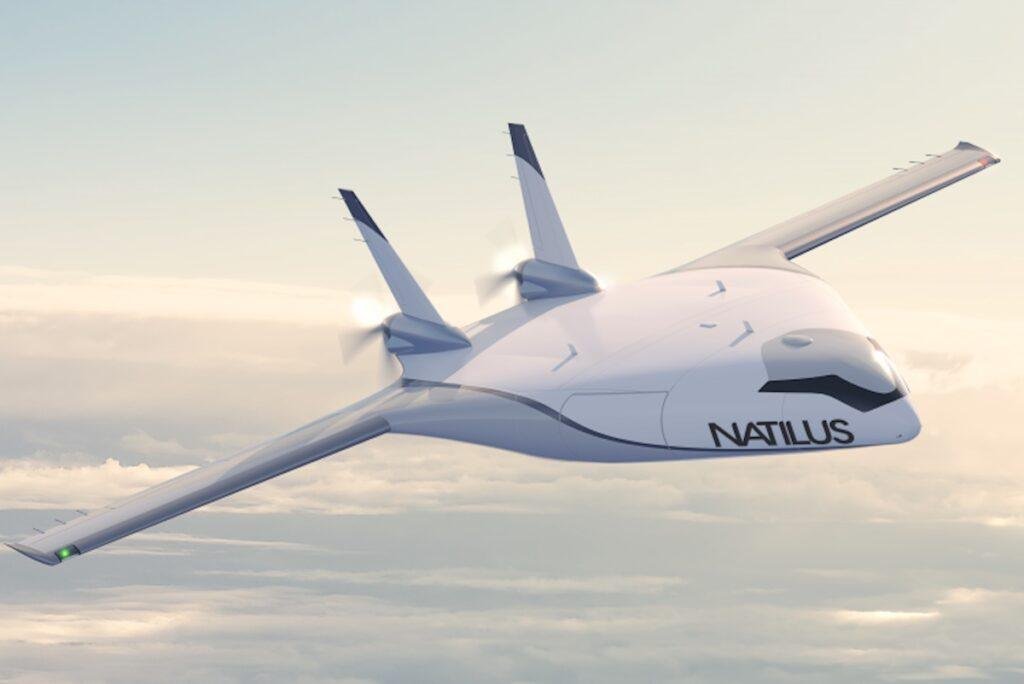 Artist's rendering of the Natilus KONA blended-wing-body cargo aircraft being developed for commercial and military logistics.