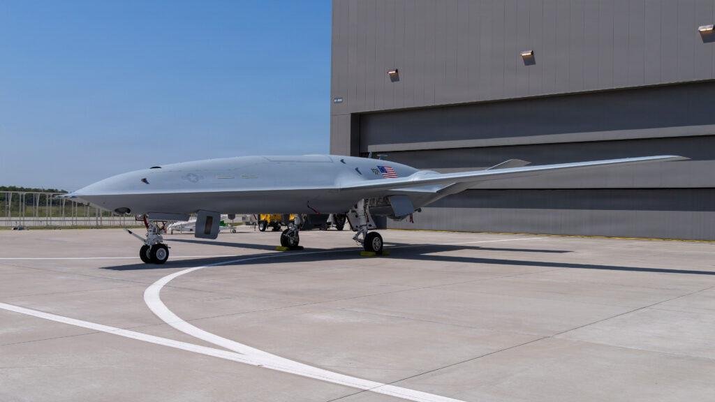 U.S. Navy MQ-25A Stingray unmanned aircraft parked outside Boeing's production facility in Mascoutah, Illinois.