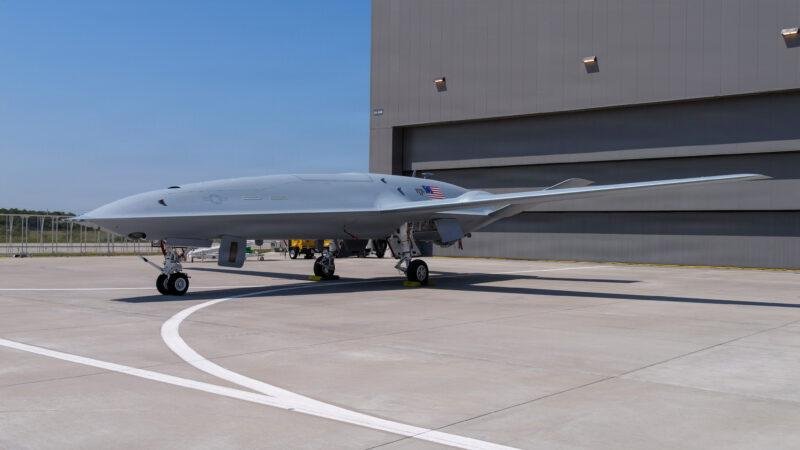 U.S. Navy MQ-25A Stingray unmanned aircraft parked outside Boeing's production facility in Mascoutah, Illinois.