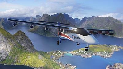 Norway Hybrid Flights illustrated by a Bristow-branded Electra EL9 hybrid-electric aircraft concept above Norwegian fjords.