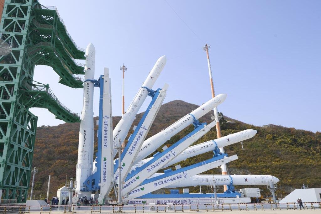 Nuri rocket launch preparations showing South Korea’s KSLV-II launch vehicle being raised from a horizontal position to vertical at the launch pad.