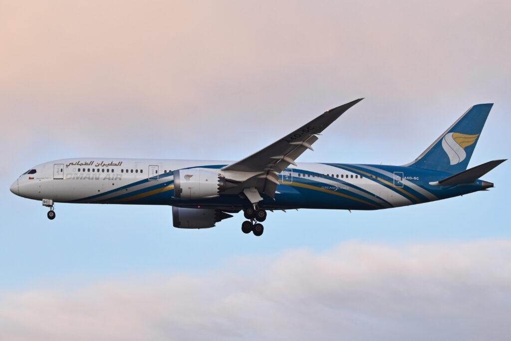 Oman Air Winter Flights illustrated by an Oman Air Boeing 787-9 Dreamliner, registration A4O-SC, arriving at Milan Malpensa Airport.