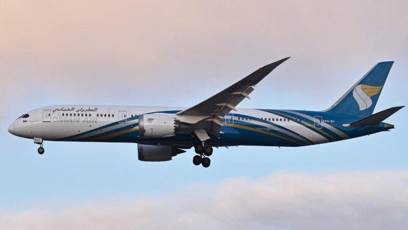 Oman Air Winter Flights illustrated by an Oman Air Boeing 787-9 Dreamliner, registration A4O-SC, arriving at Milan Malpensa Airport.