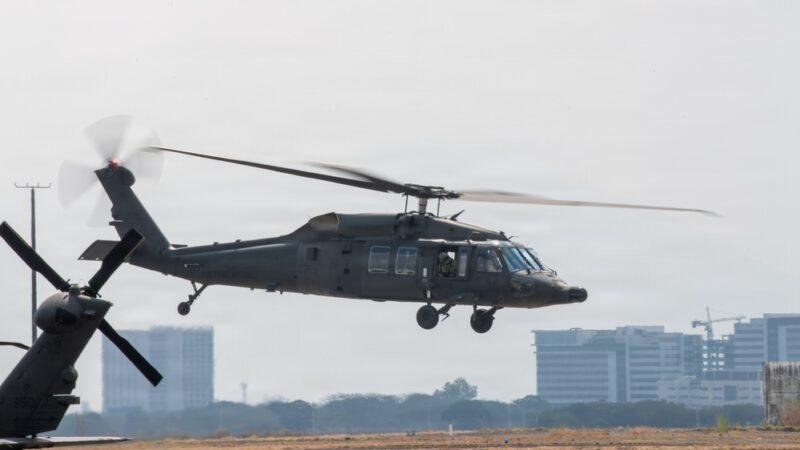 Philippine Air Force S-70i Black Hawk helicopters in flight during bilateral training in April 2026, illustrating the new simulator agreement.
