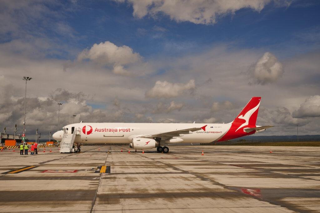 Qantas A321 Freighters illustrated by a Qantas Freight and Australia Post Airbus A321P2F at Western Sydney International Airport.