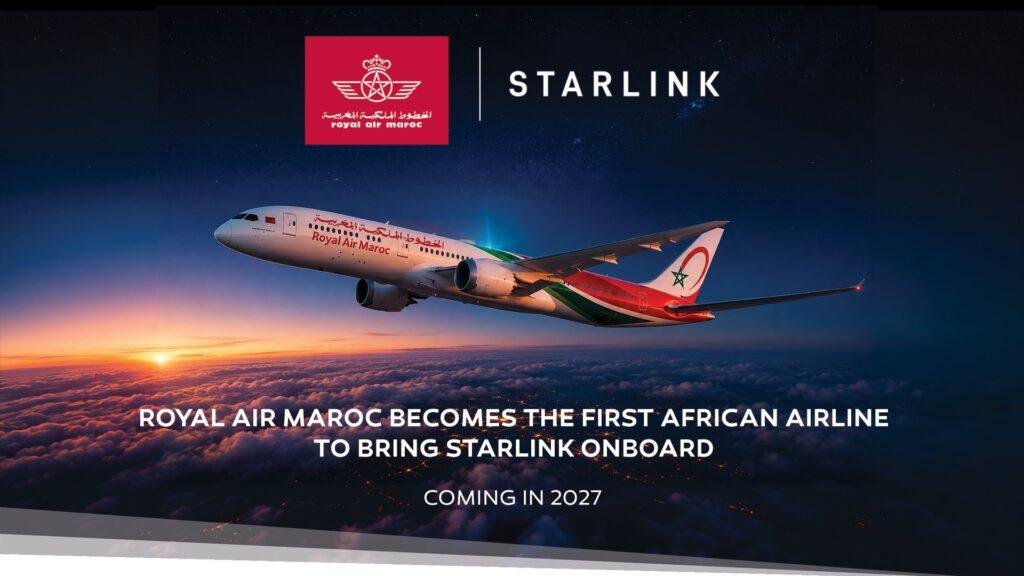 Royal Air Maroc Starlink partnership promotional graphic showing a Royal Air Maroc aircraft flying above clouds with both company logos and a 2027 rollout announcement.