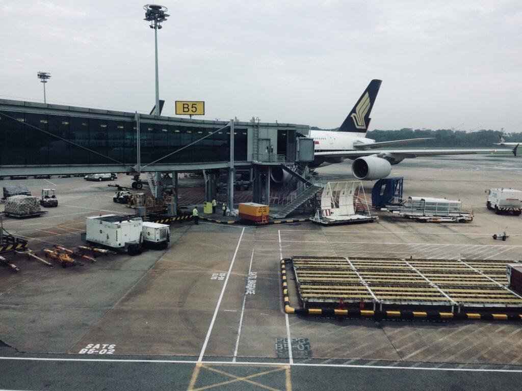 Singapore Airlines Airbus A380 aircraft parked at Singapore Changi Airport in Singapore.