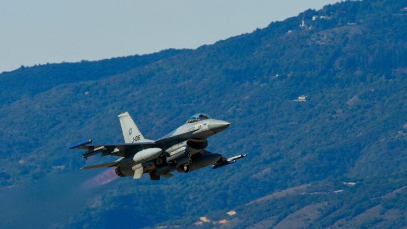 Steadfast Noon exercise illustrated by a U.S. Air Force F-16 Fighting Falcon taking off from an air base in northern Italy during NATO training.
