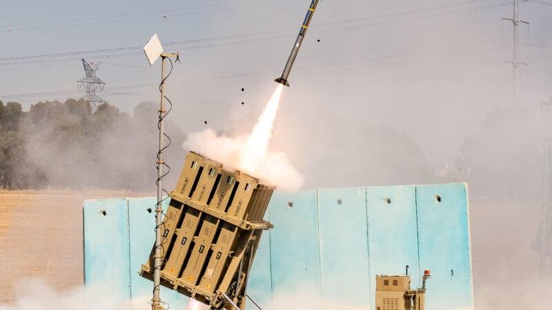 Tamir interceptors used by Israel's Iron Dome air defense system, with one missile launching from a ground-based launcher in 2021.
